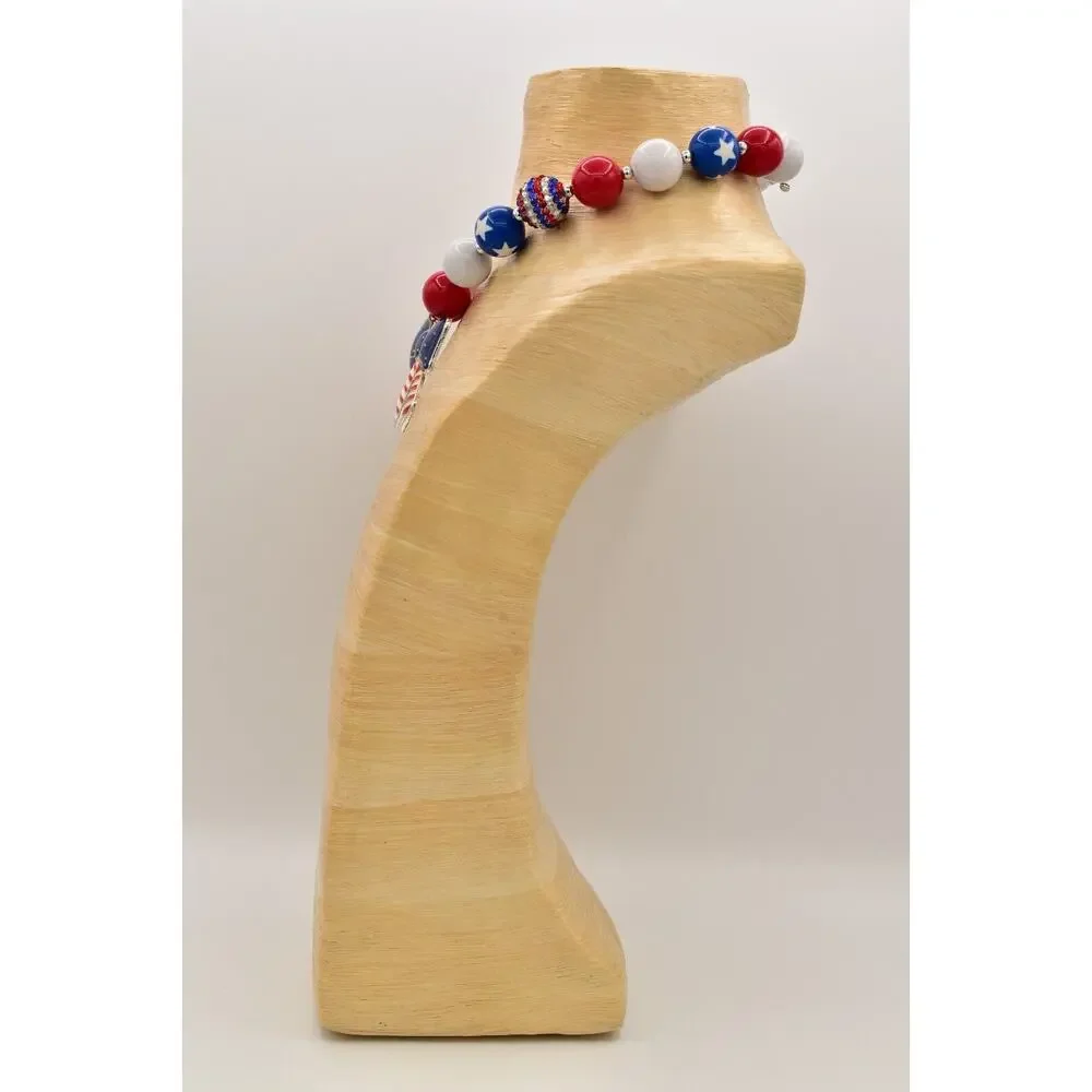 Statement Necklace American Flag Star Red White Blue Beaded 4th July USA BinA17